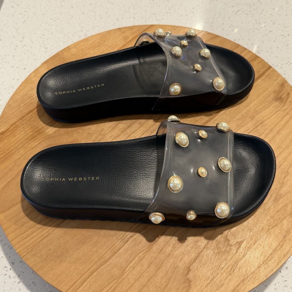 Sophia Webster Sandals 7 Dina Pearl Embellished Clear Slide Jelly Slide Black